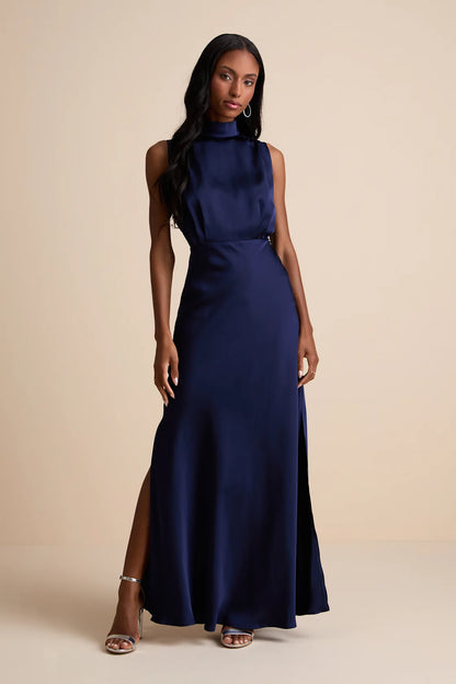 Classic Elegance Satin Sleeveless Mock Neck Maxi Dress