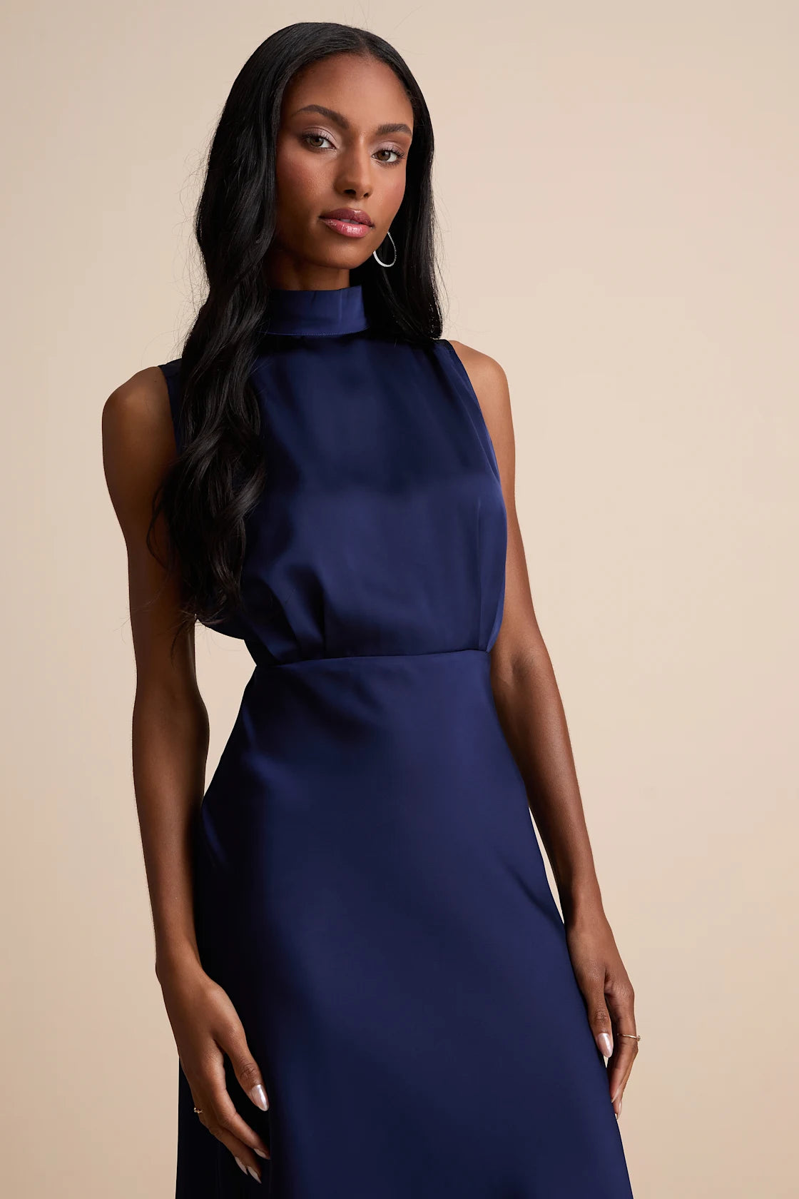 Classic Elegance Satin Sleeveless Mock Neck Maxi Dress