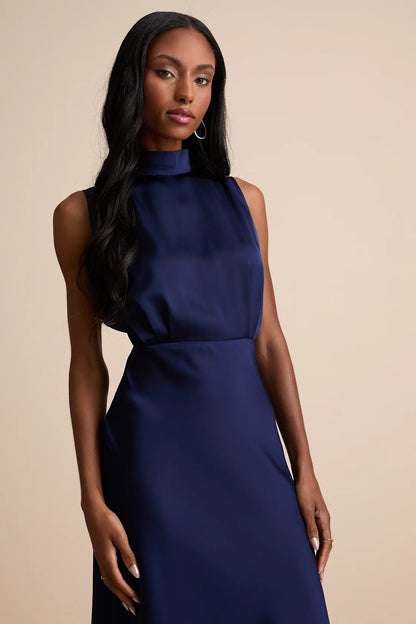 Classic Elegance Satin Sleeveless Mock Neck Maxi Dress