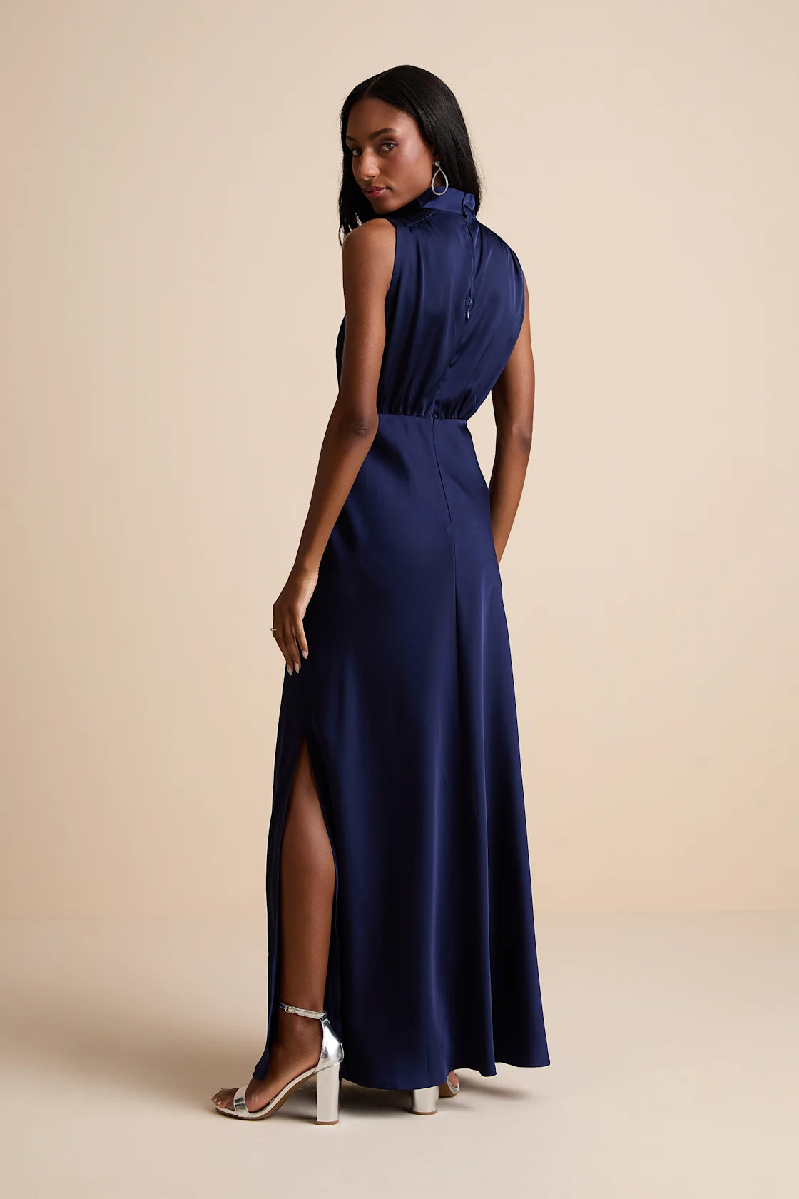 Classic Elegance Satin Sleeveless Mock Neck Maxi Dress