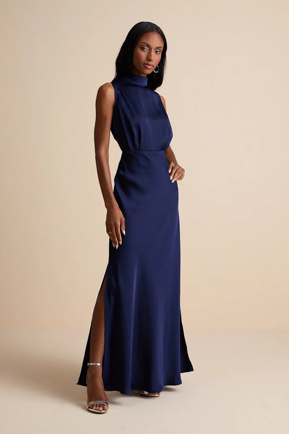 Classic Elegance Satin Sleeveless Mock Neck Maxi Dress