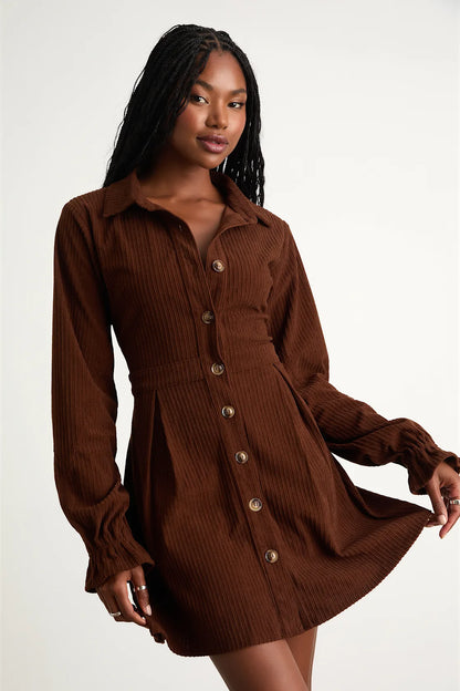 Autumn Mood Emerald Corduroy Mini Dress With Pockets