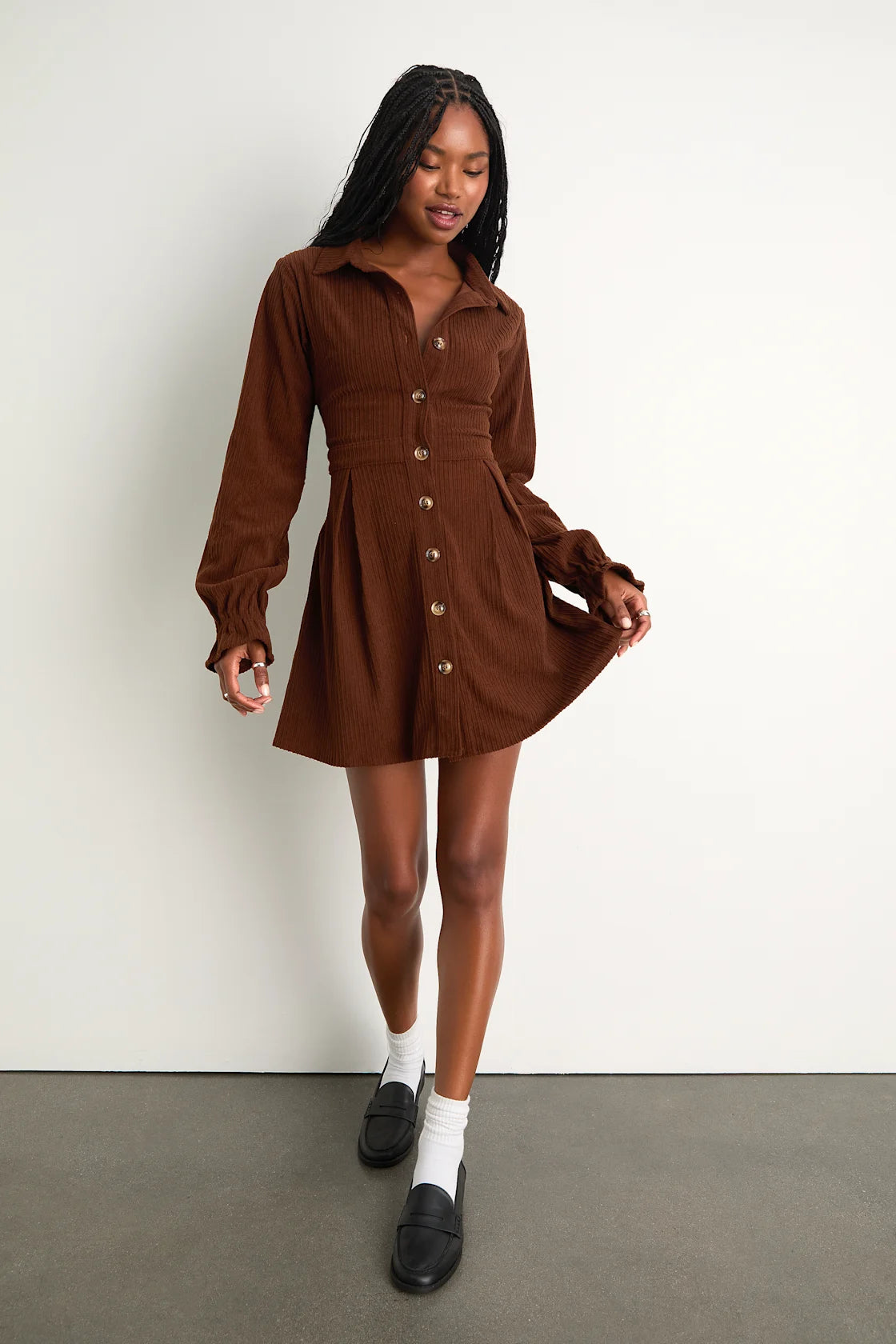 Autumn Mood Emerald Corduroy Mini Dress With Pockets