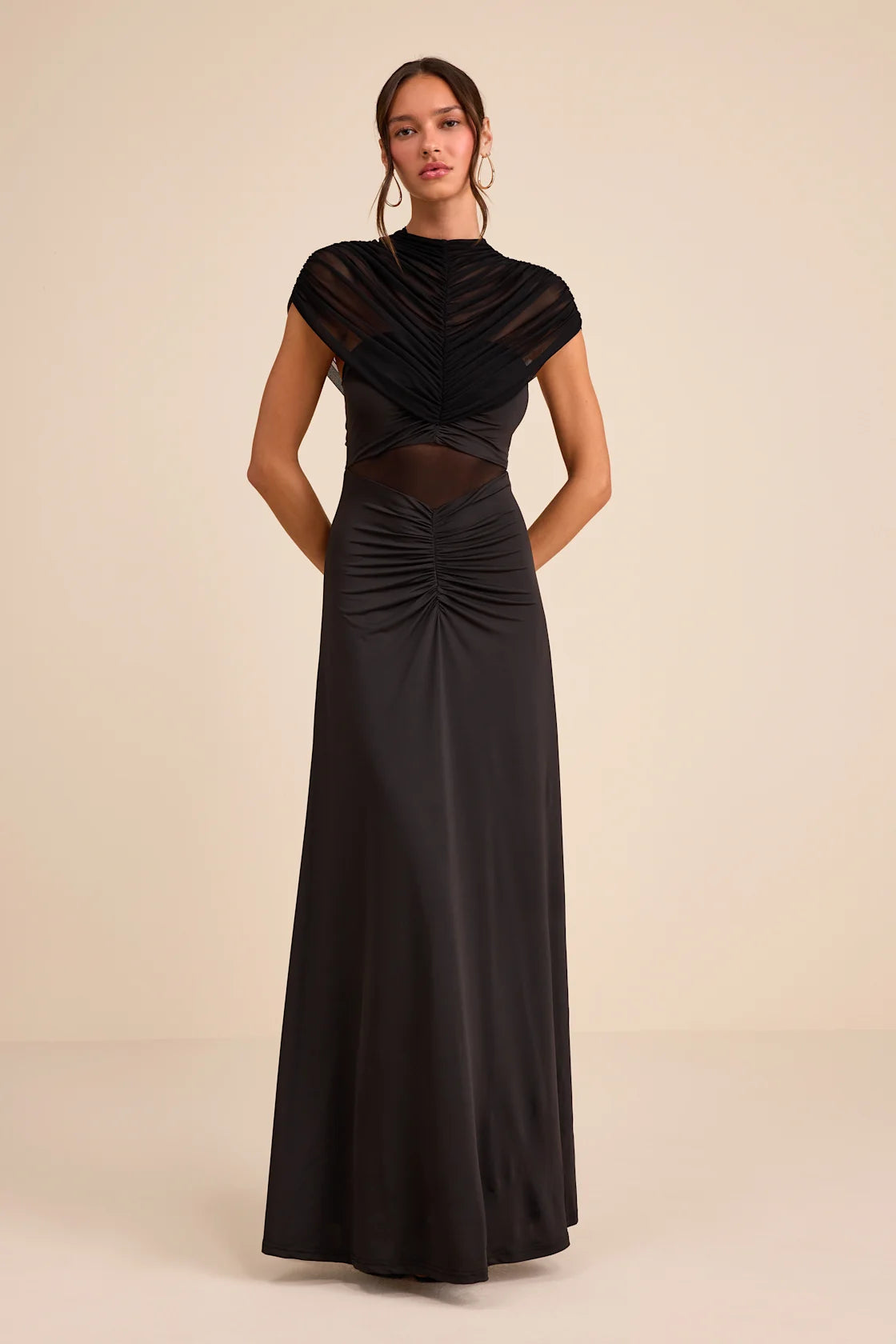Murielle Black Mesh Ruched Maxi Dress | Tangel Top