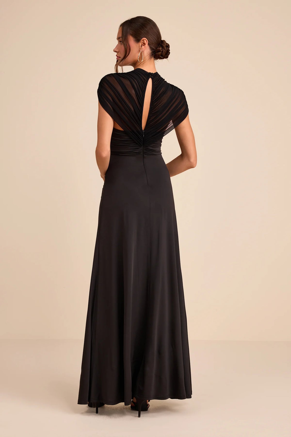Murielle Black Mesh Ruched Maxi Dress