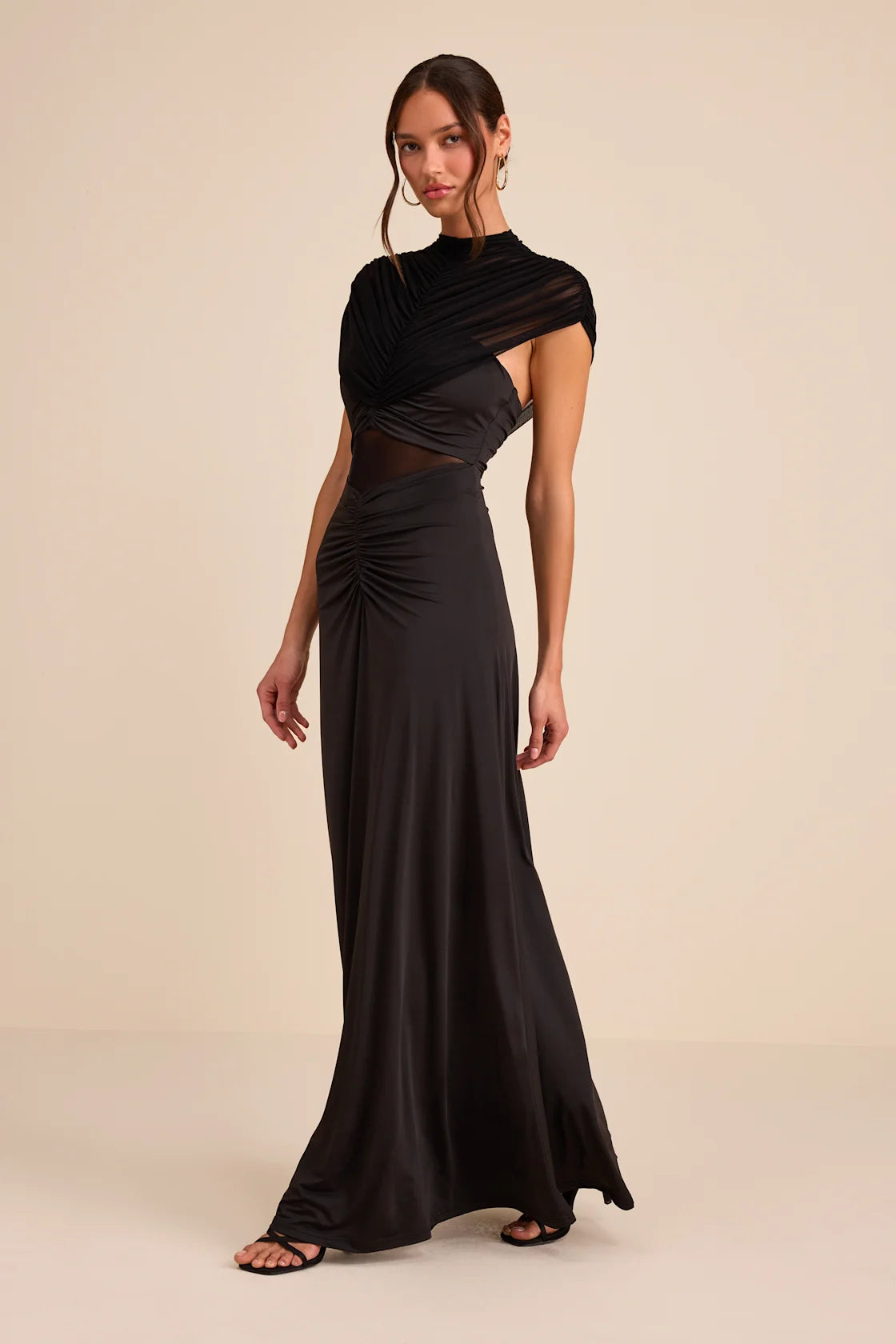 Murielle Black Mesh Ruched Maxi Dress