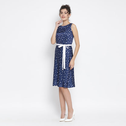 Blue White Silk Polka Sleeveless Dress With Tie Knot Belt