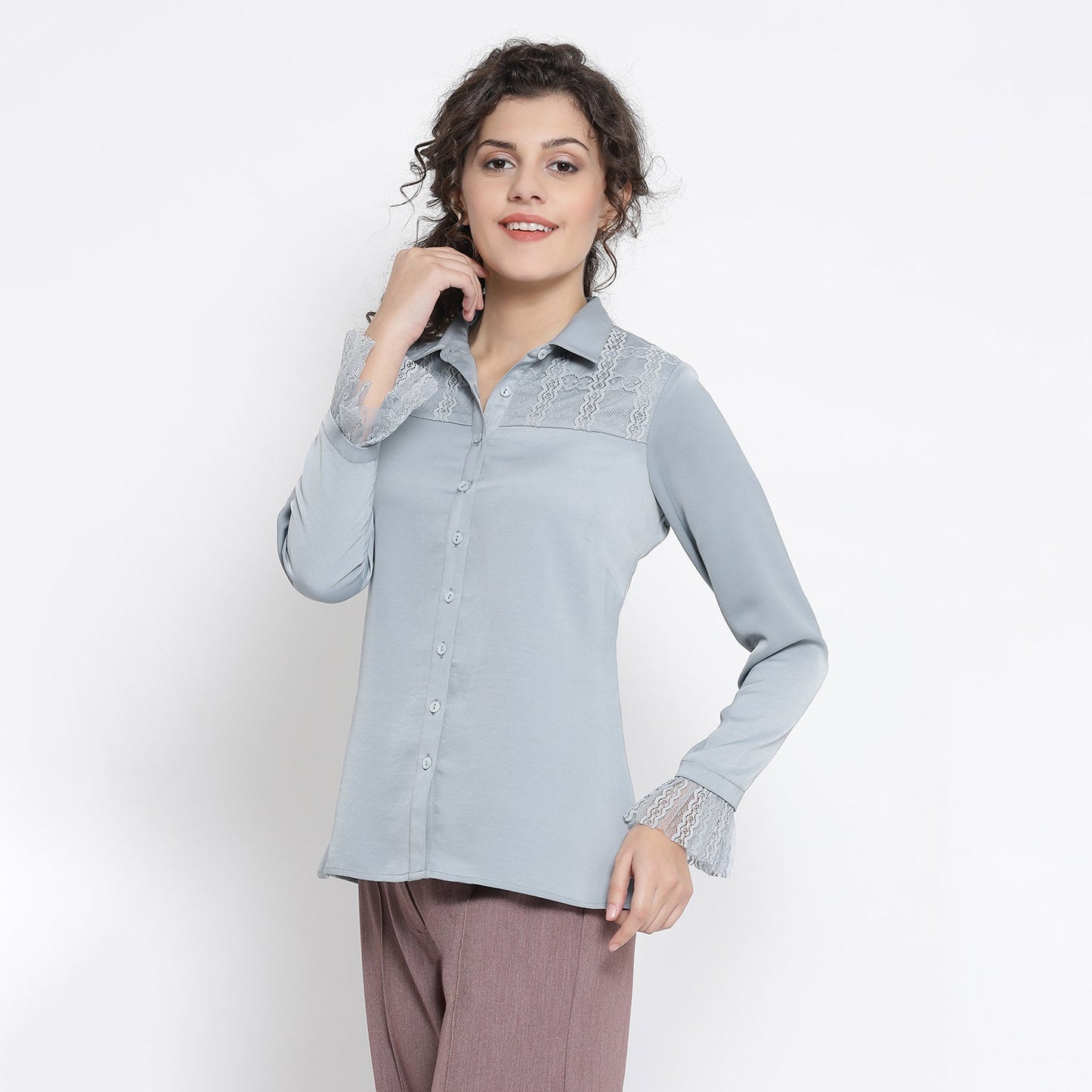 Blue Shirt With French Lace At Yoke And Sleeves