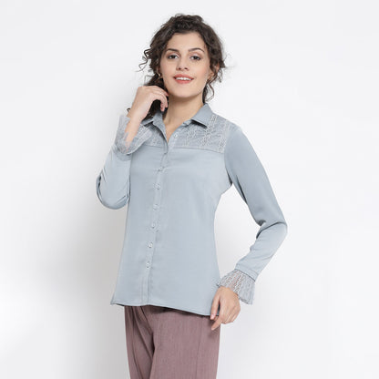 Blue Shirt With French Lace At Yoke And Sleeves