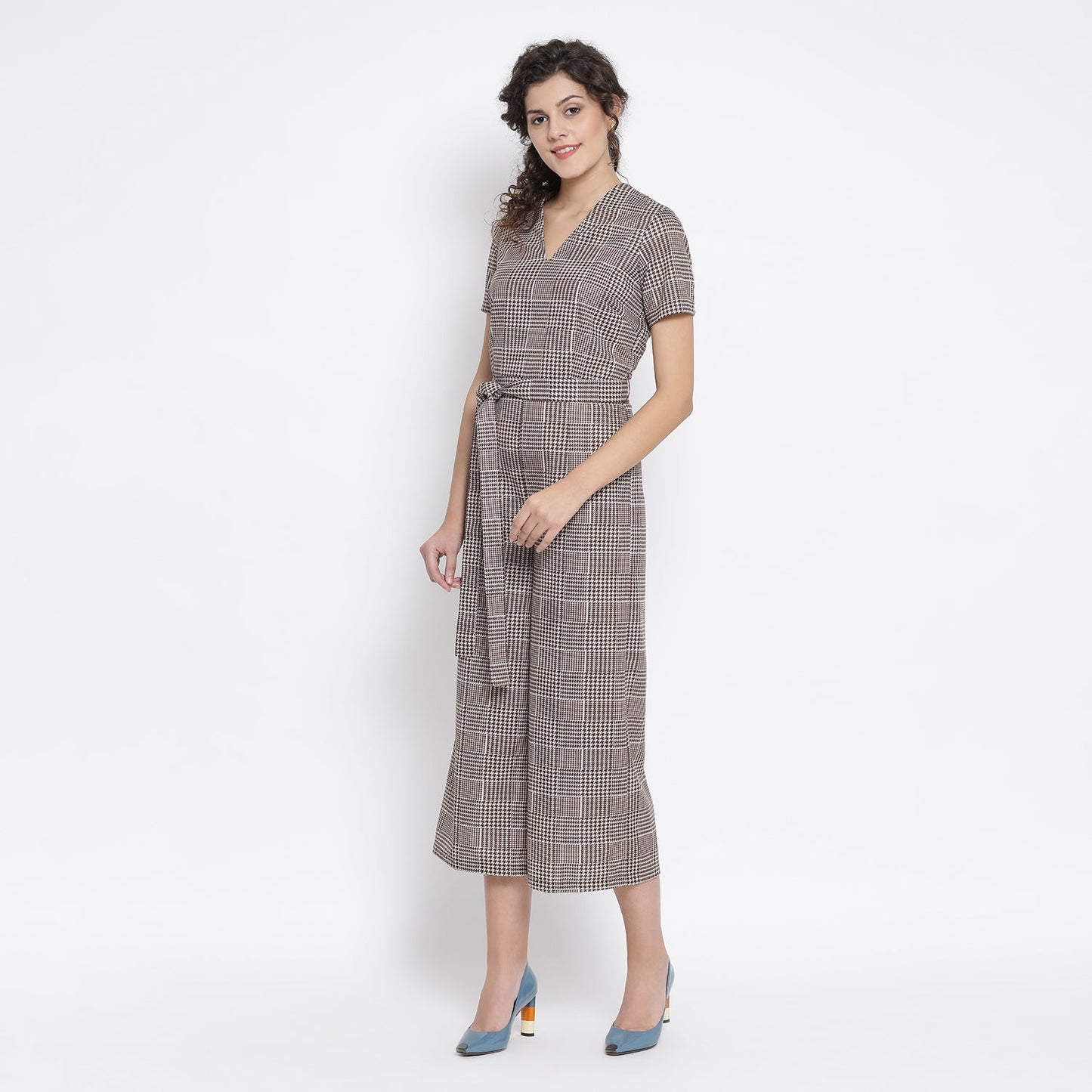 Brown Check Jumpsuit With Belt Knot