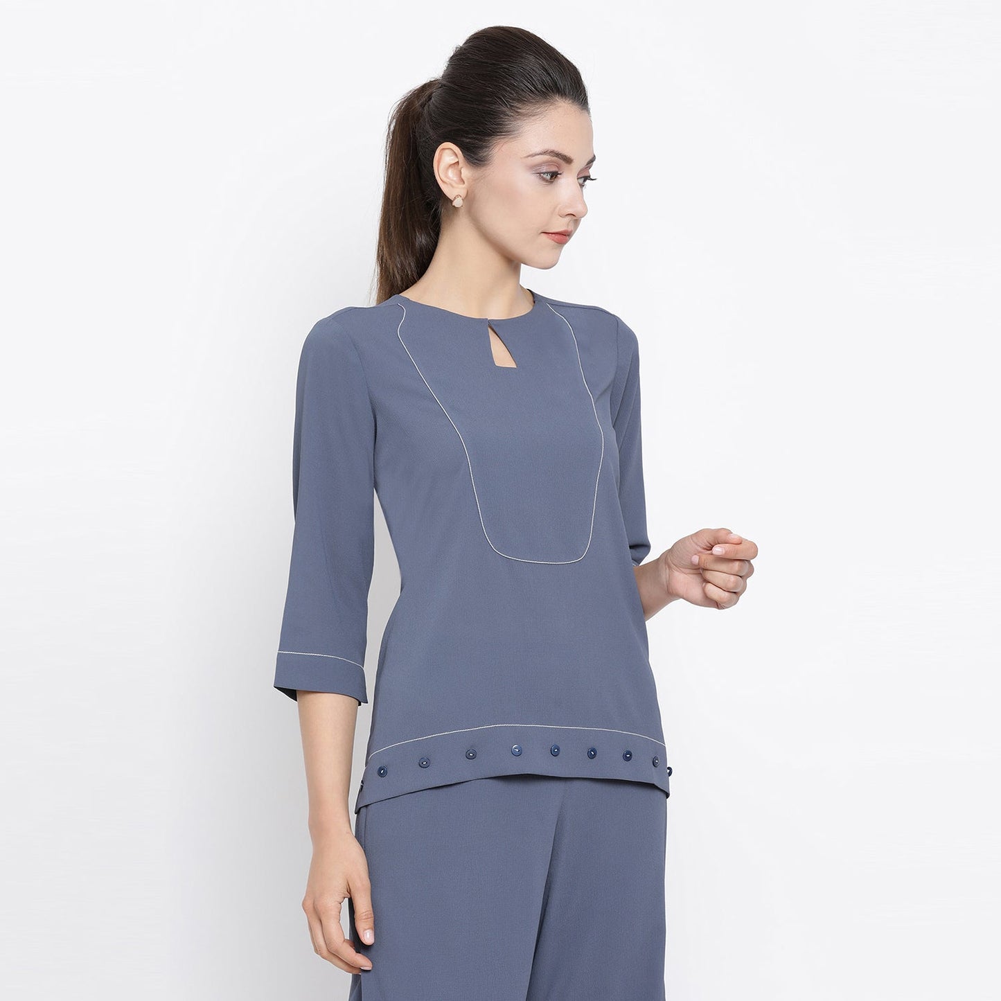 Stone Blue Crepe Top With White Top Stitching At Yoke