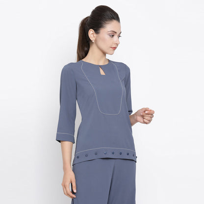 Stone Blue Crepe Top With White Top Stitching At Yoke