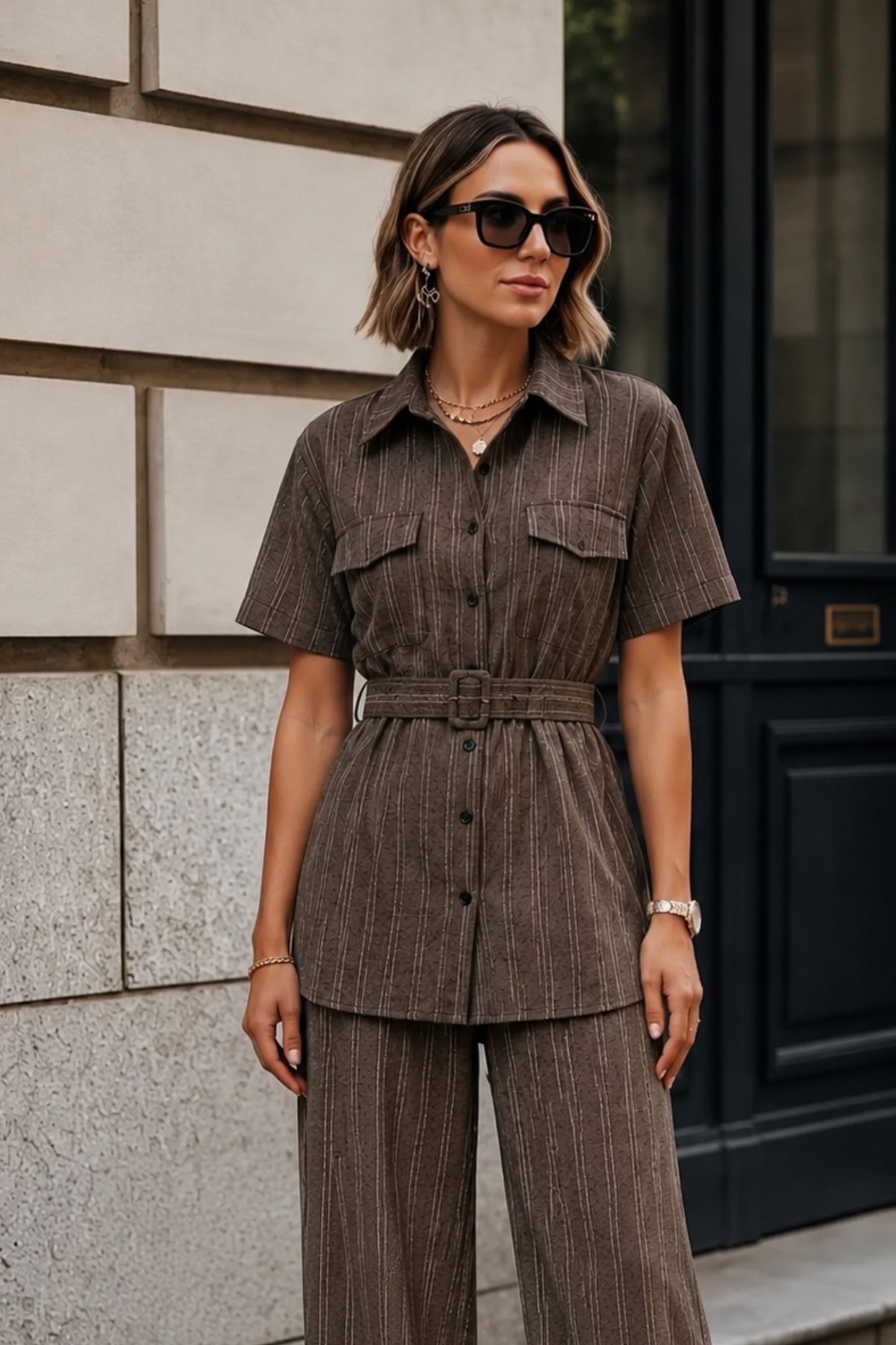 Brown Stripe Utility Belted Co-ord Set