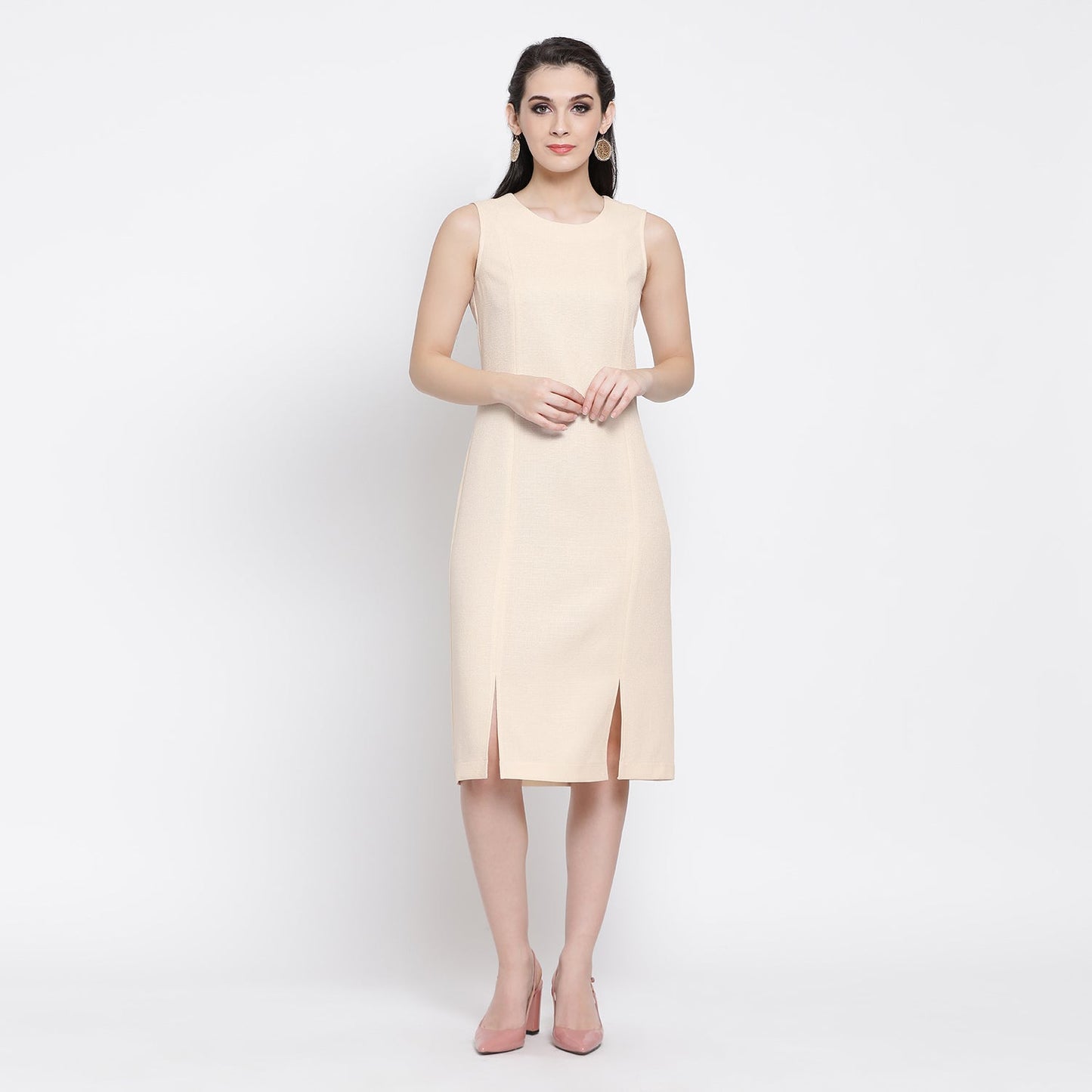 Off White Silk Linen Dress With Slit At Bottom
