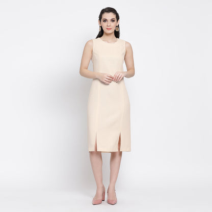 Off White Silk Linen Dress With Slit At Bottom