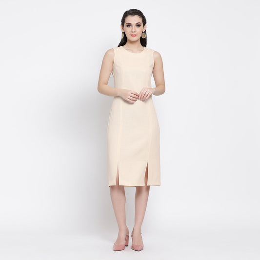Off White Silk Linen Dress With Slit At Bottom