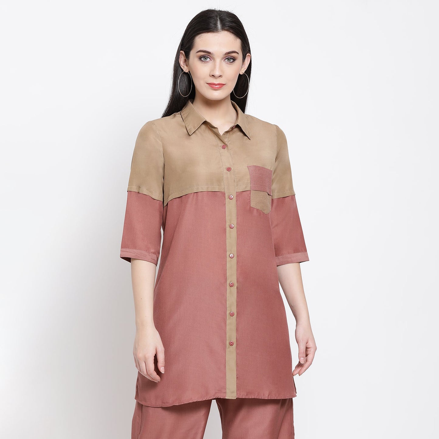 Half in Half Beige & Peach Tunic With Quilting Pocket