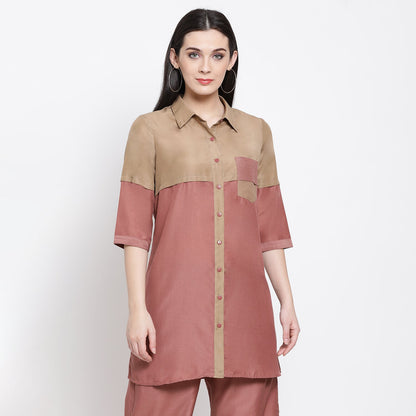 Half in Half Beige & Peach Tunic With Quilting Pocket