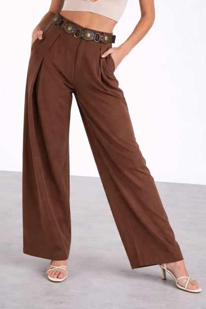 Brown Pants with Inverted Pleats