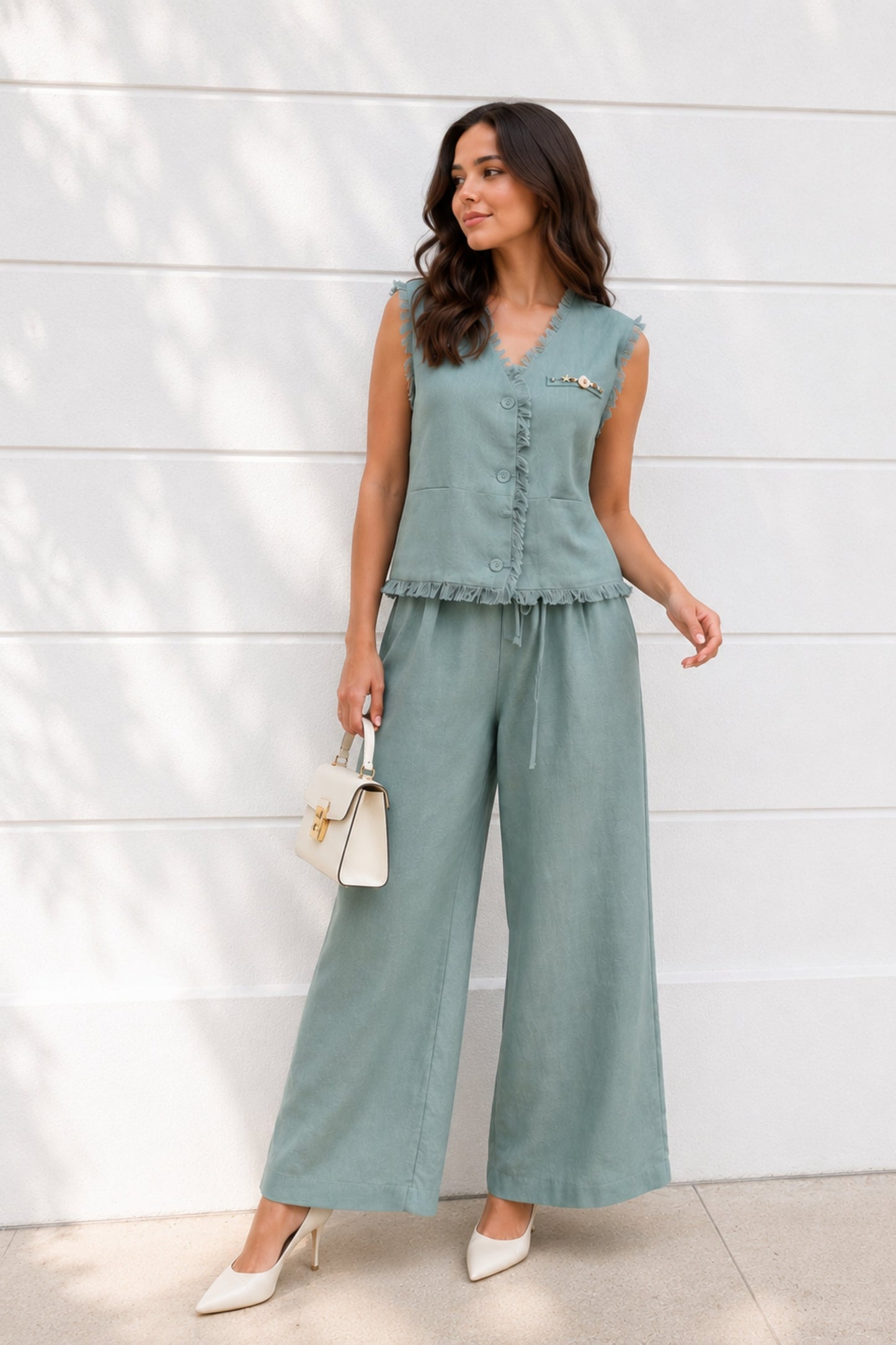 Seafoam Fringe Linen Co-ord