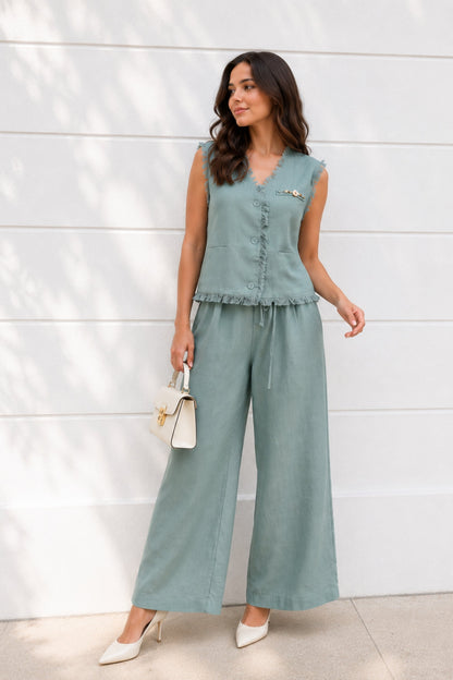 Seafoam Fringe Linen Co-ord