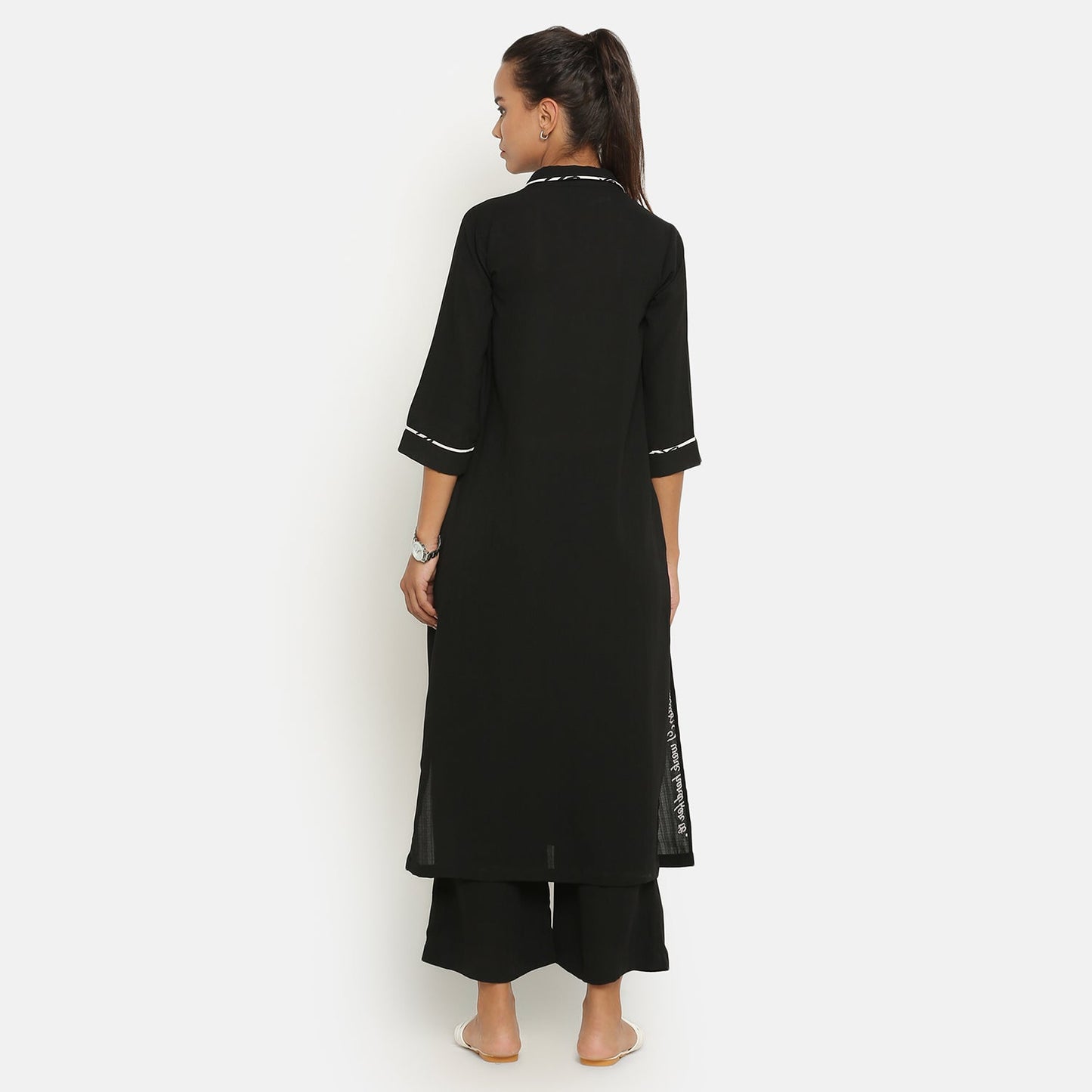 Black Shirt Collar Kurta With Embroidered Slit