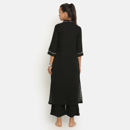 Black Shirt Collar Kurta With Embroidered Slit