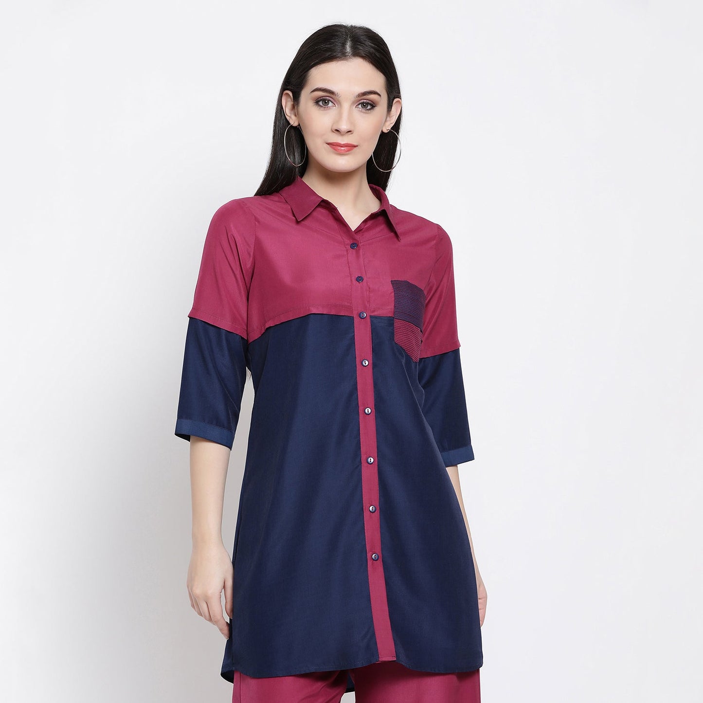 Half In Half Blue & Pink Tunic With Quilting Pocket