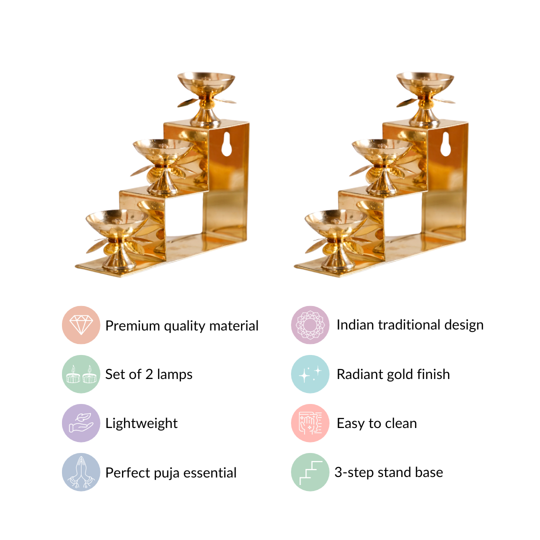 Brass Step Decorative Flower Diya Stand Set Of 2 Gold