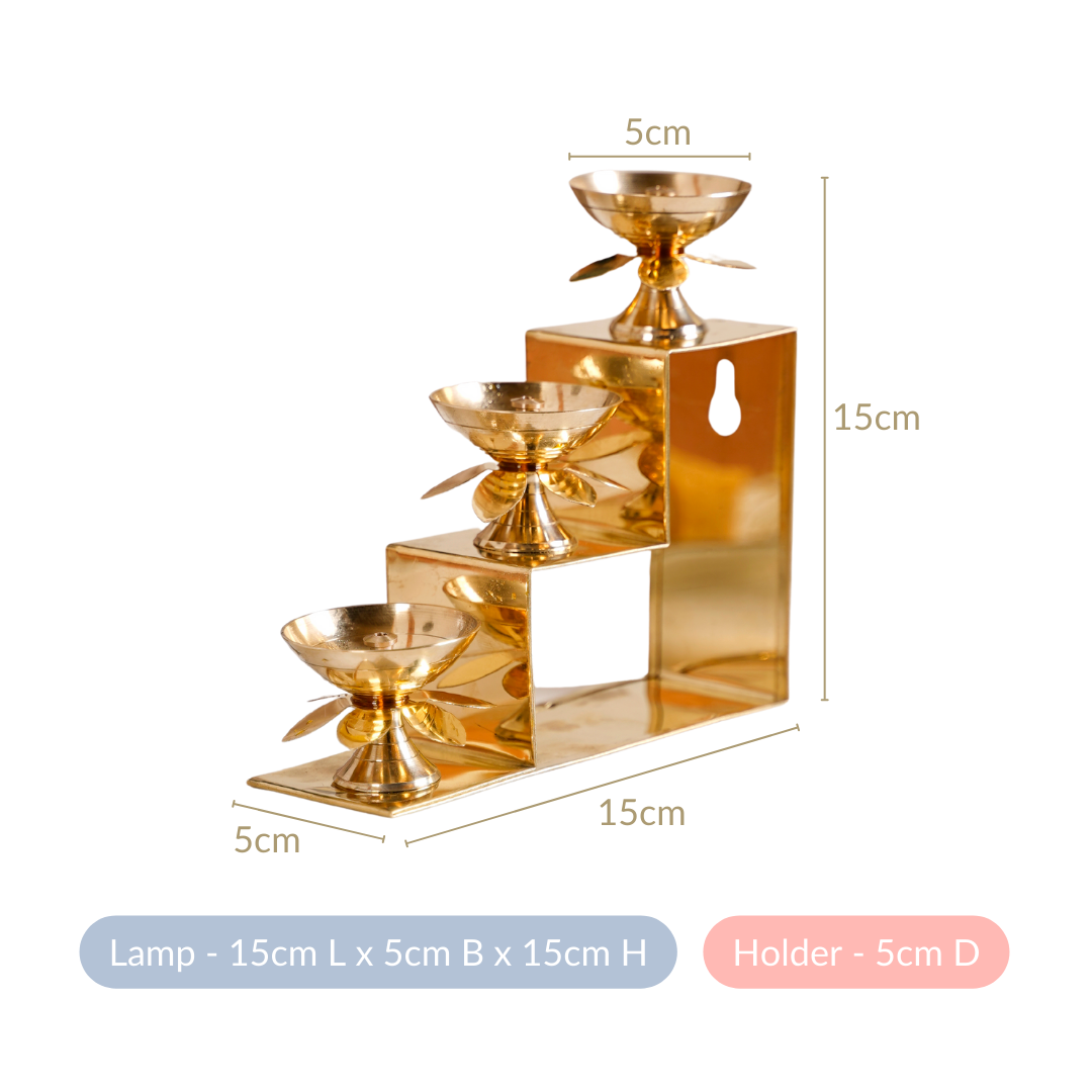 Brass Step Decorative Flower Diya Stand Set Of 2 Gold