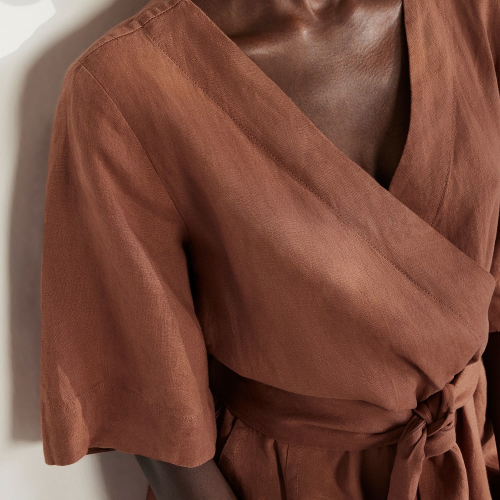 The Wrap Jumpsuit in Linen | Carob Brown