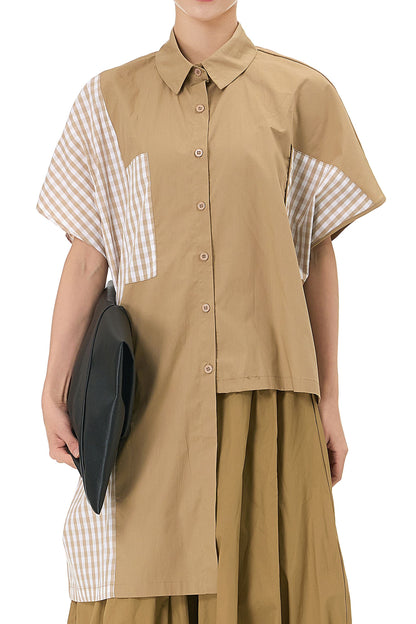 Buff Beige Check Patchwork Shirt