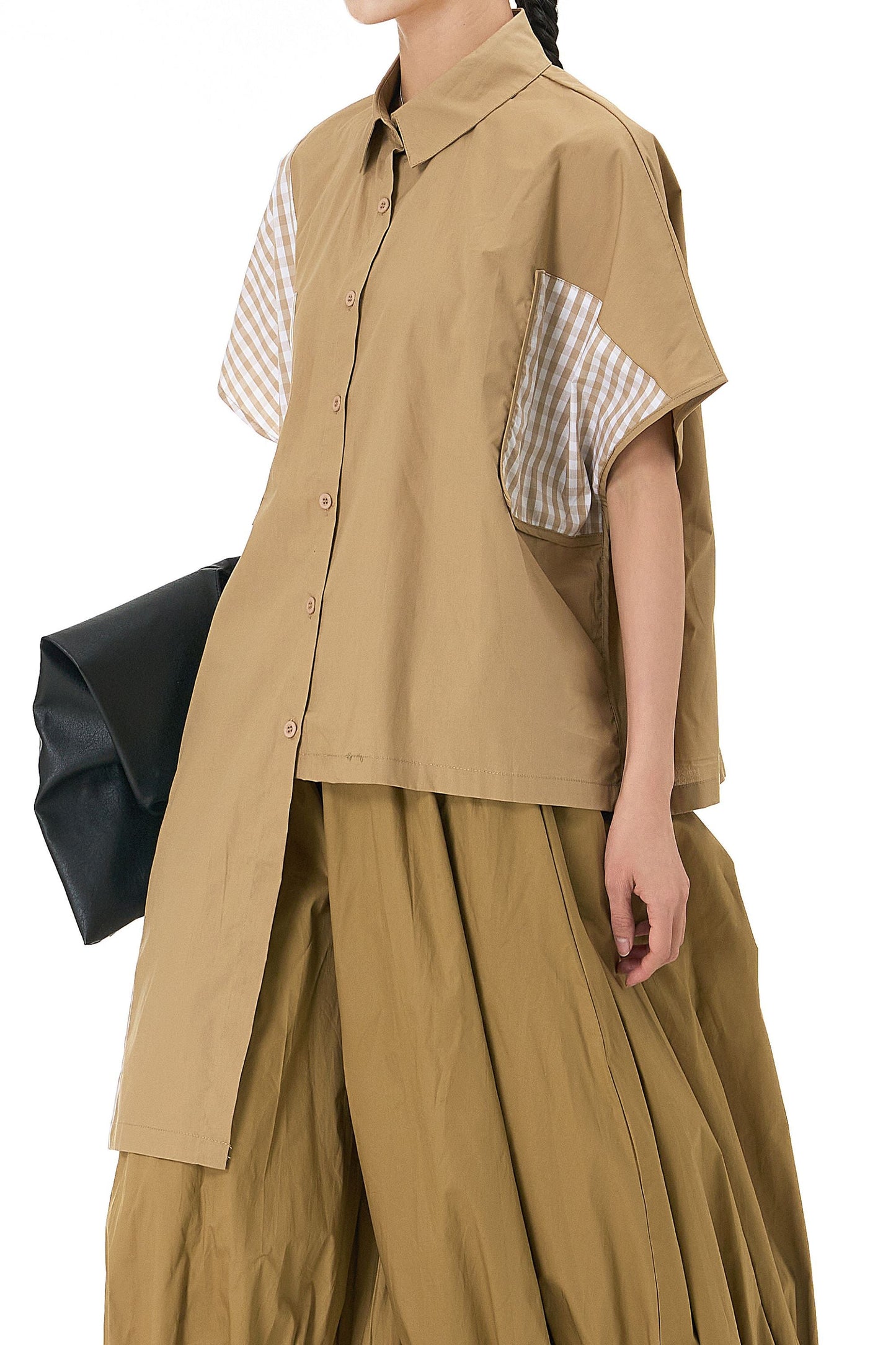 Buff Beige Check Patchwork Shirt