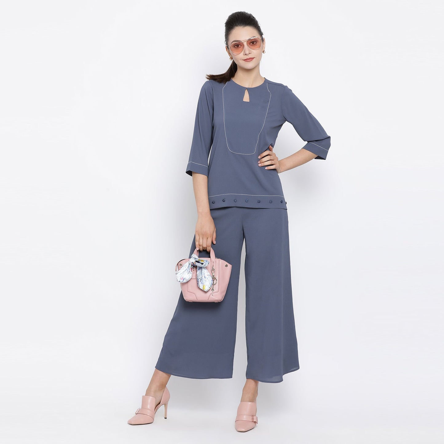 Stone Blue Crepe Top With White Top Stitching At Yoke