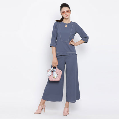 Stone Blue Crepe Top With White Top Stitching At Yoke