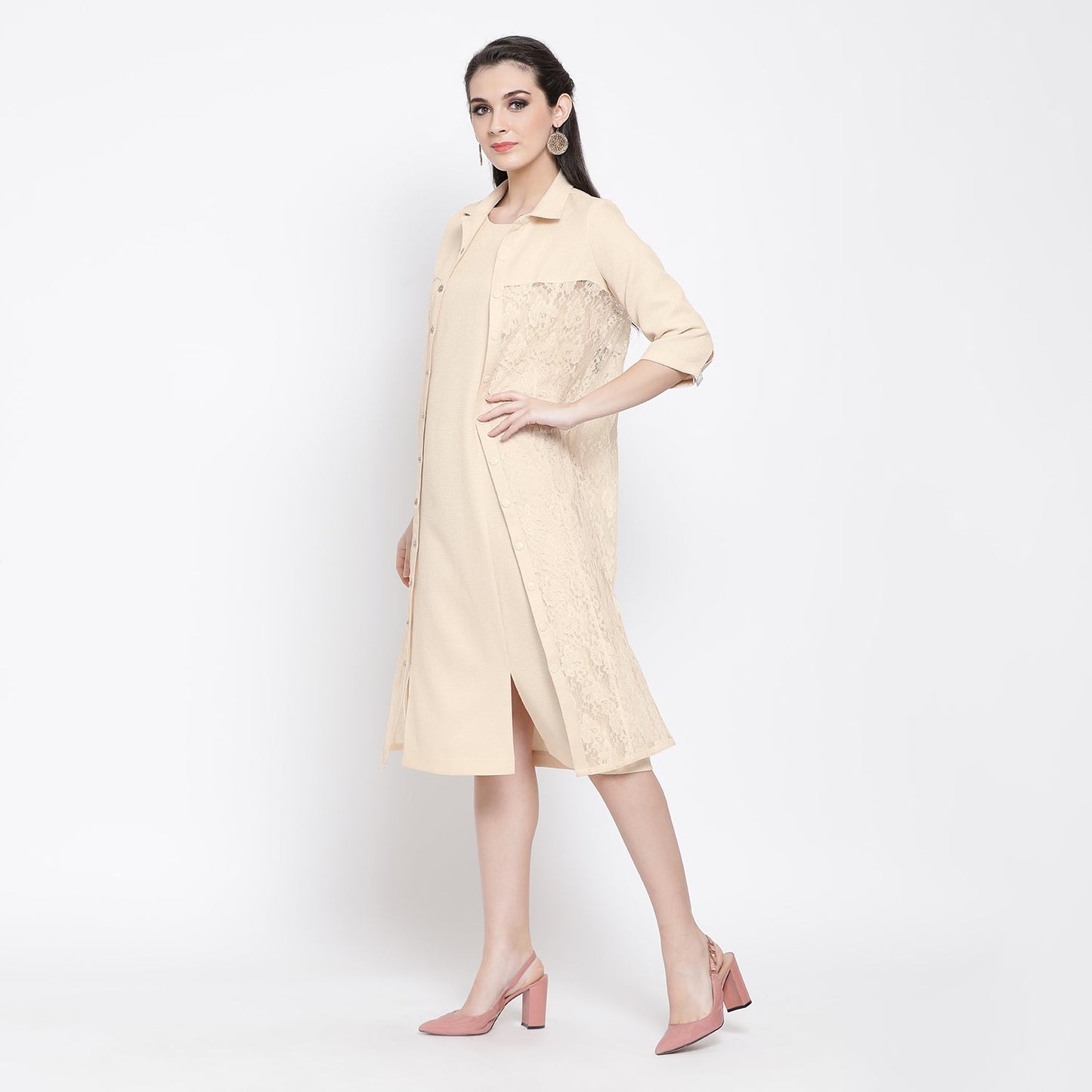 Off White Silk Linen With Flower Net Jacket
