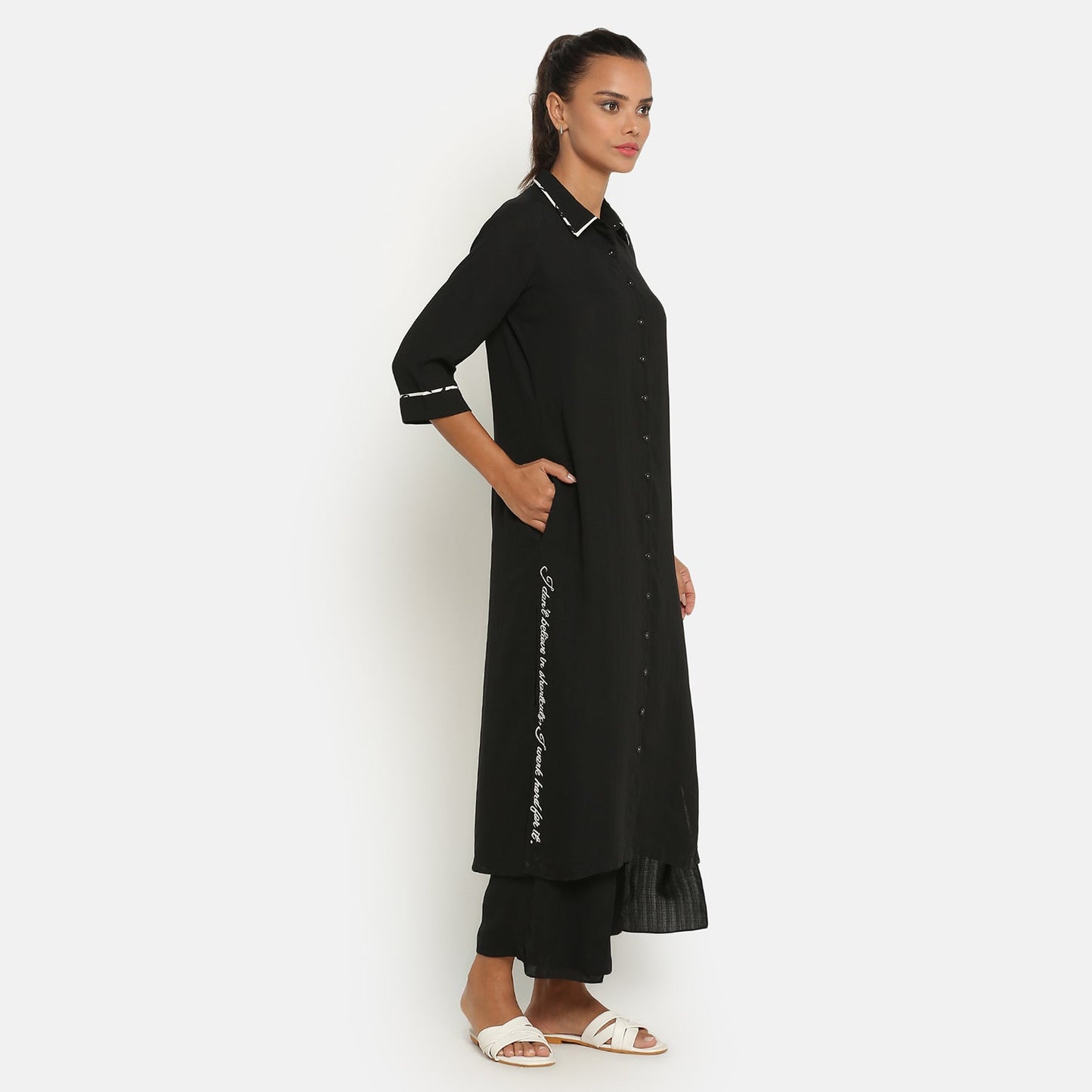 Black Shirt Collar Kurta With Embroidered Slit