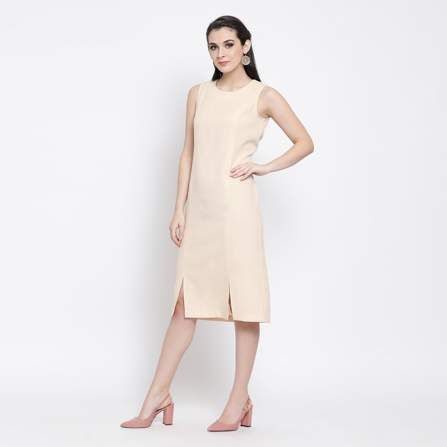 Off White Silk Linen Dress With Slit At Bottom