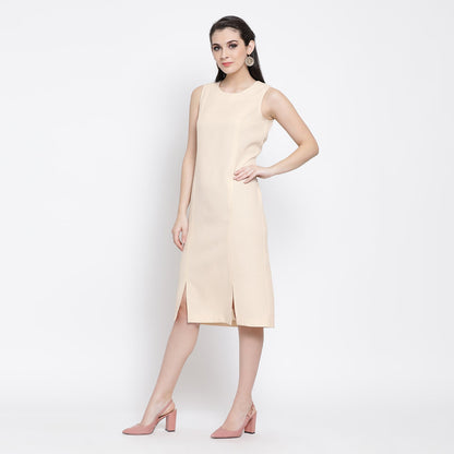 Off White Silk Linen Dress With Slit At Bottom