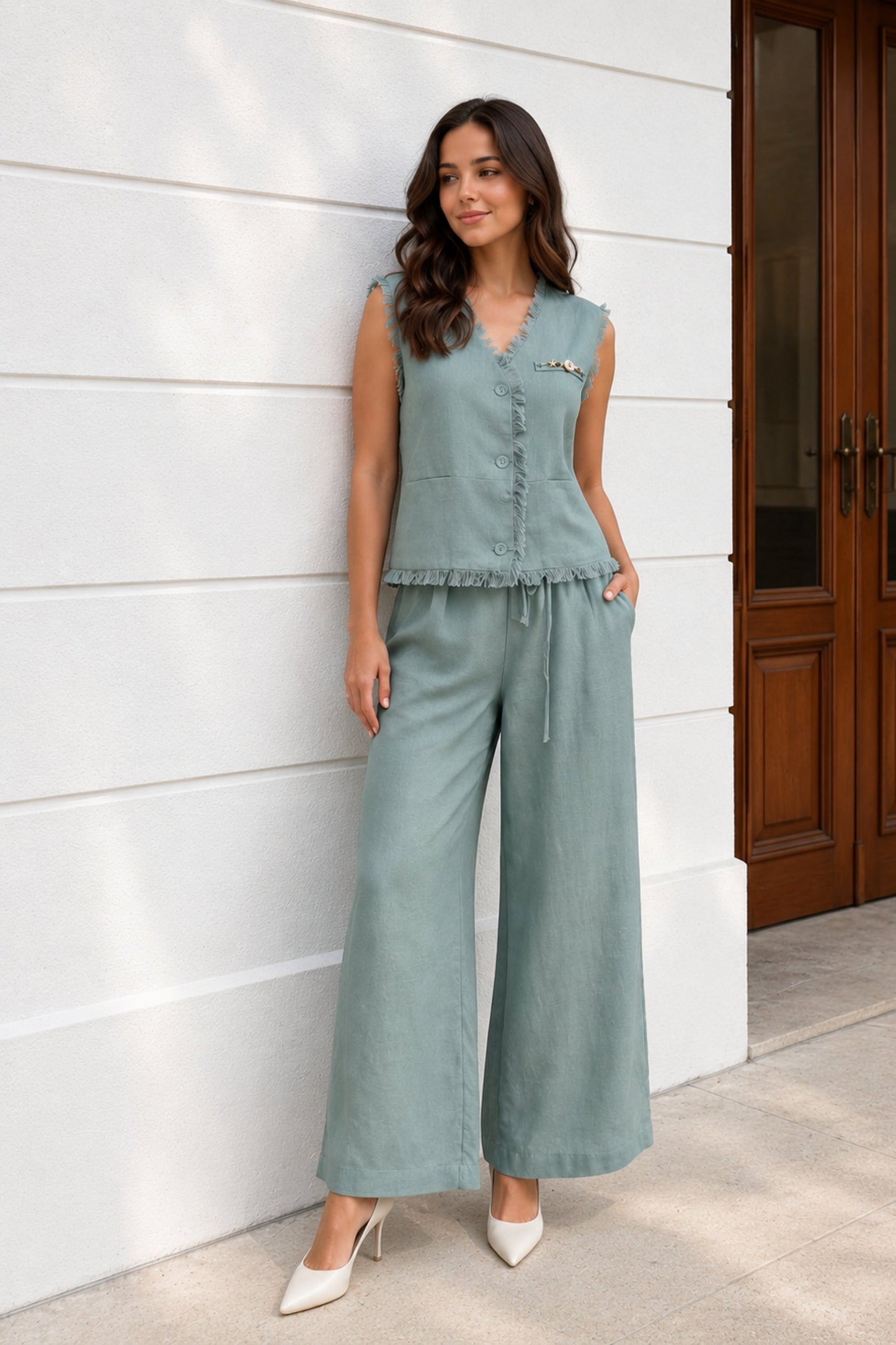 Seafoam Fringe Linen Co-ord