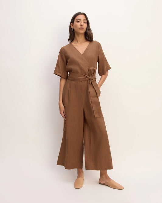 The Wrap Jumpsuit in Linen | Carob Brown