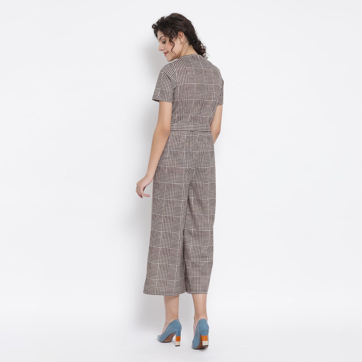 Brown Check Jumpsuit With Belt Knot