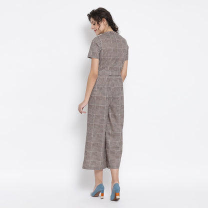 Brown Check Jumpsuit With Belt Knot