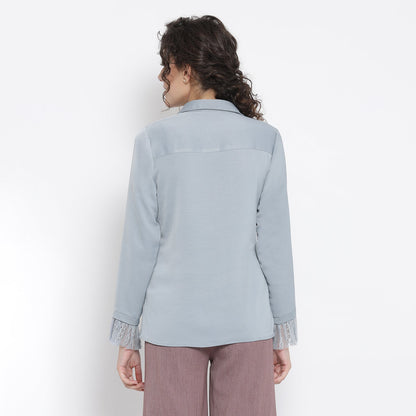 Blue Shirt With French Lace At Yoke And Sleeves
