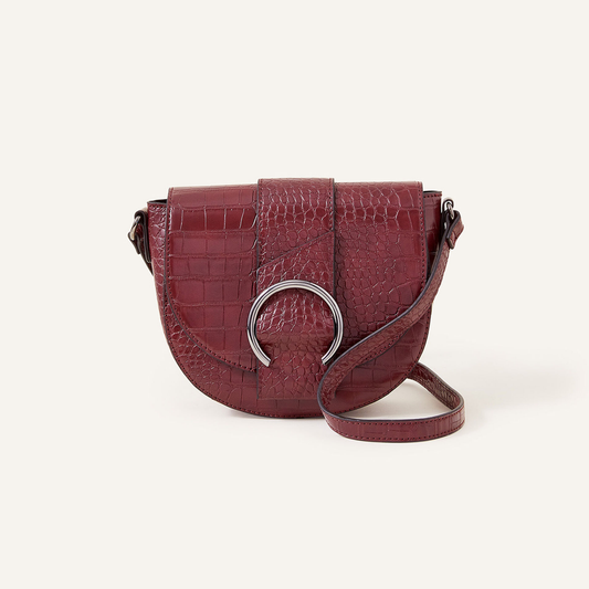 Women's Burgundy Faux Croc Ring Detail Saddle Bag