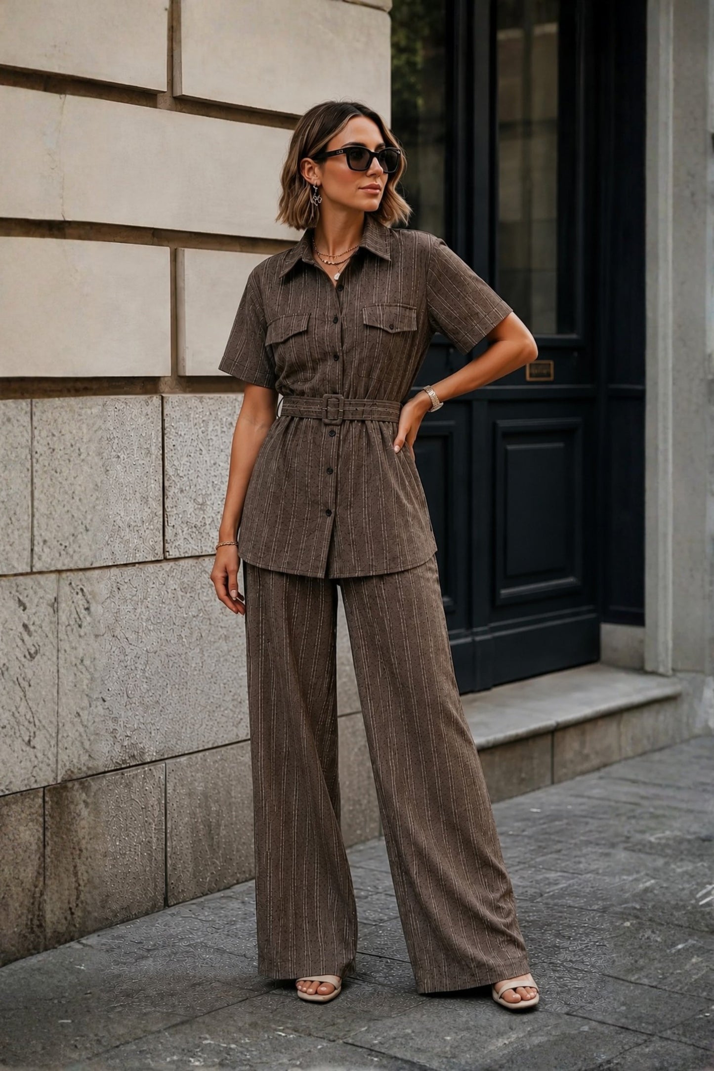 Brown Stripe Utility Belted Co-ord Set
