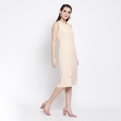 Off White Silk Linen Dress With Slit At Bottom
