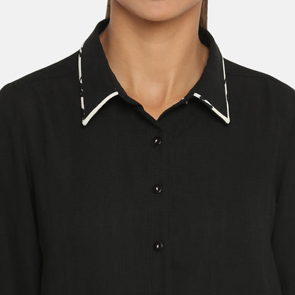 Black Shirt Collar Kurta With Embroidered Slit