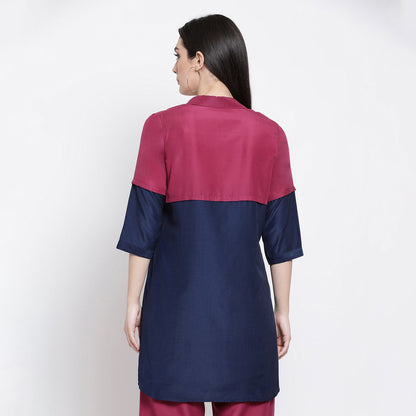 Half In Half Blue & Pink Tunic With Quilting Pocket