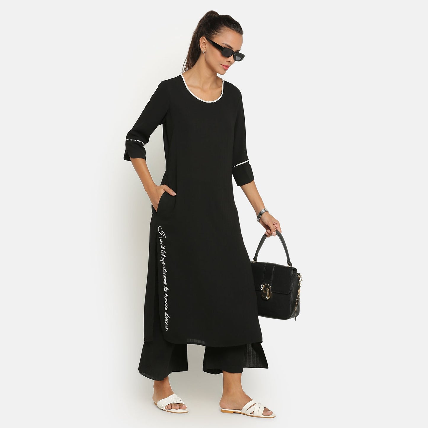 Black Round Neck Kurta With Embroidered Slit